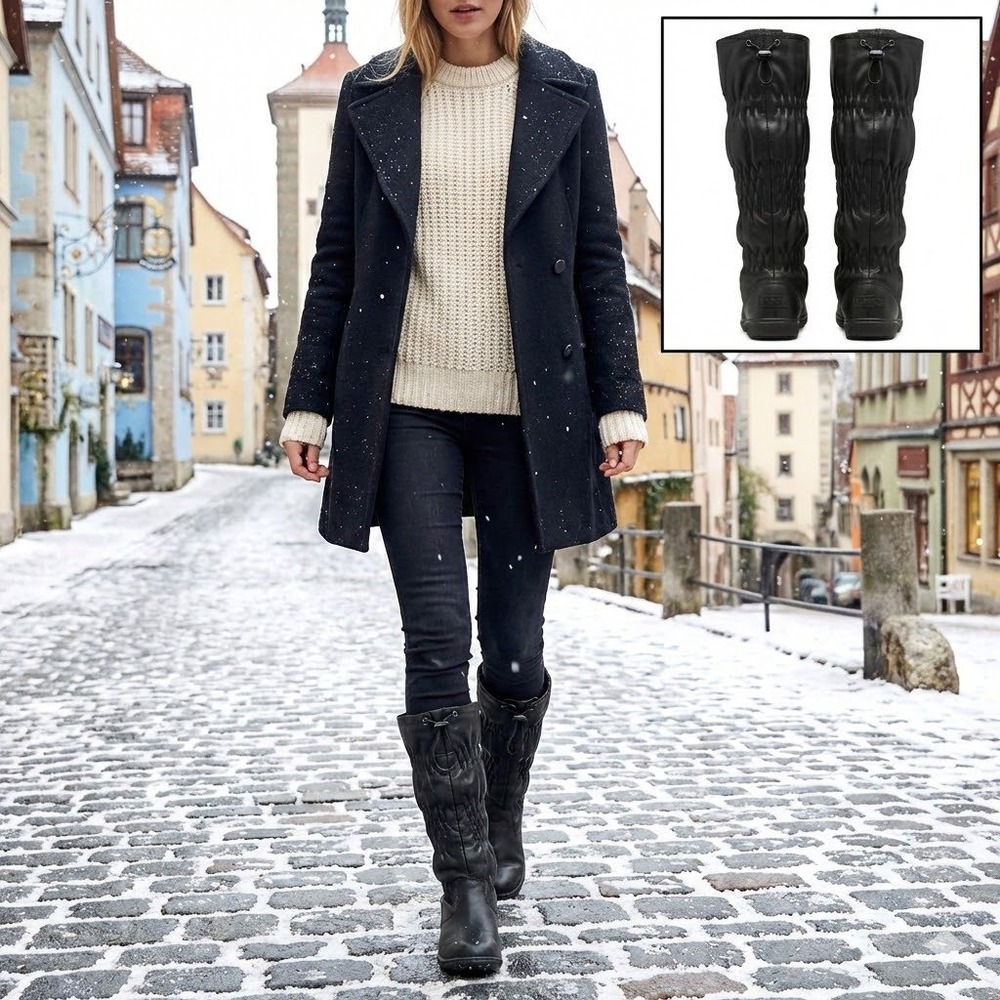 Sorel Women's 6 Black Leather Ruched Boots Lace Up Toggle Tall Winter NL1735